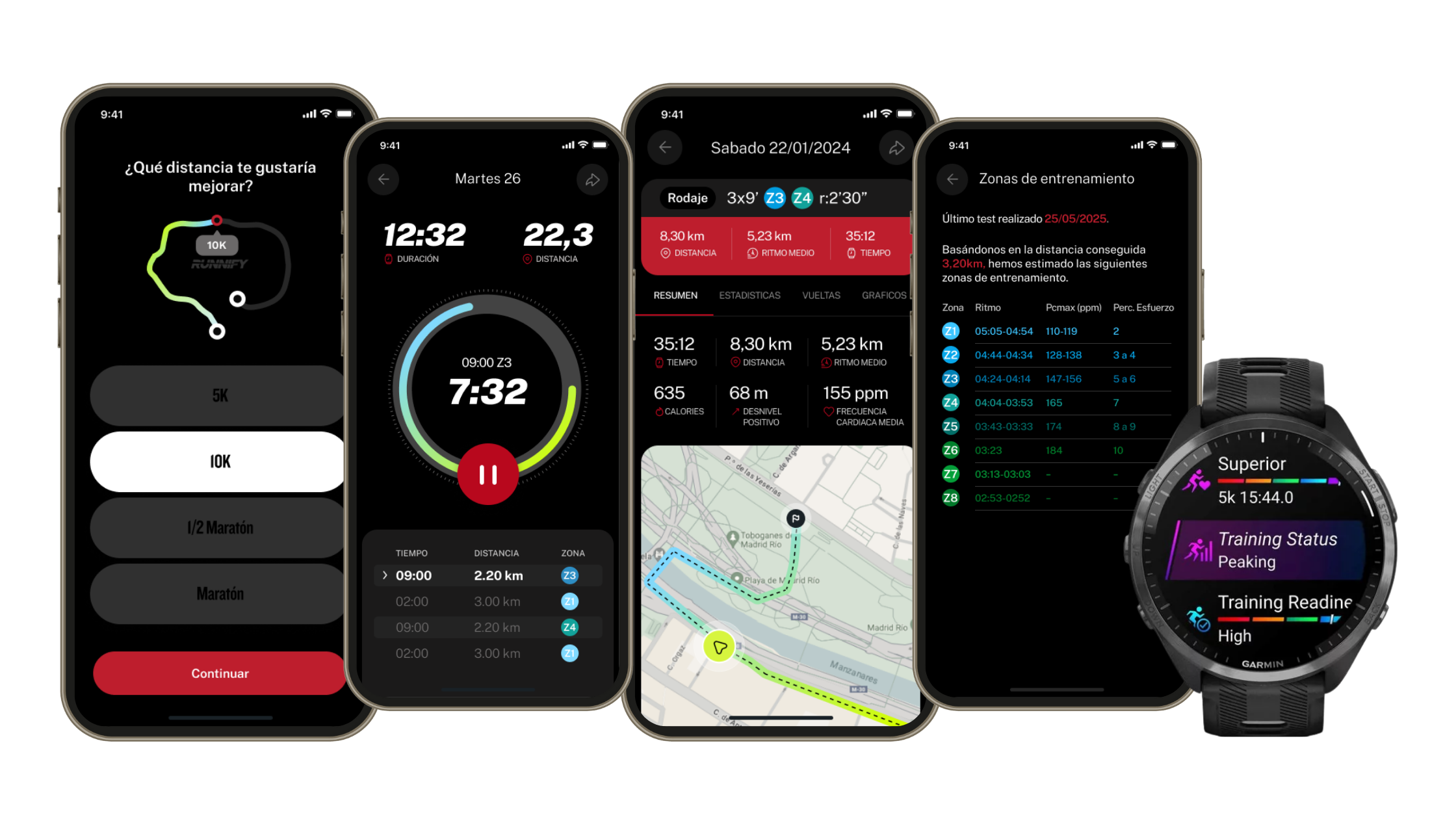 Multiple smartphone and smartwatch screens displaying a running app interface with features for marathon training, workout selection, route tracking, community posts, and run metrics.